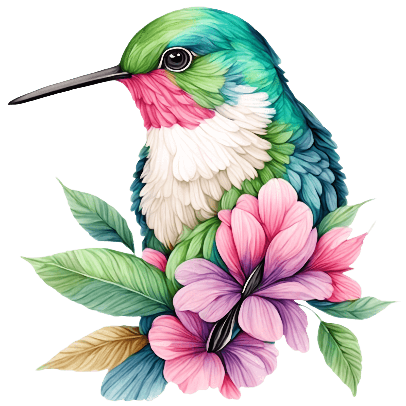 Green hummingbird w flowers
