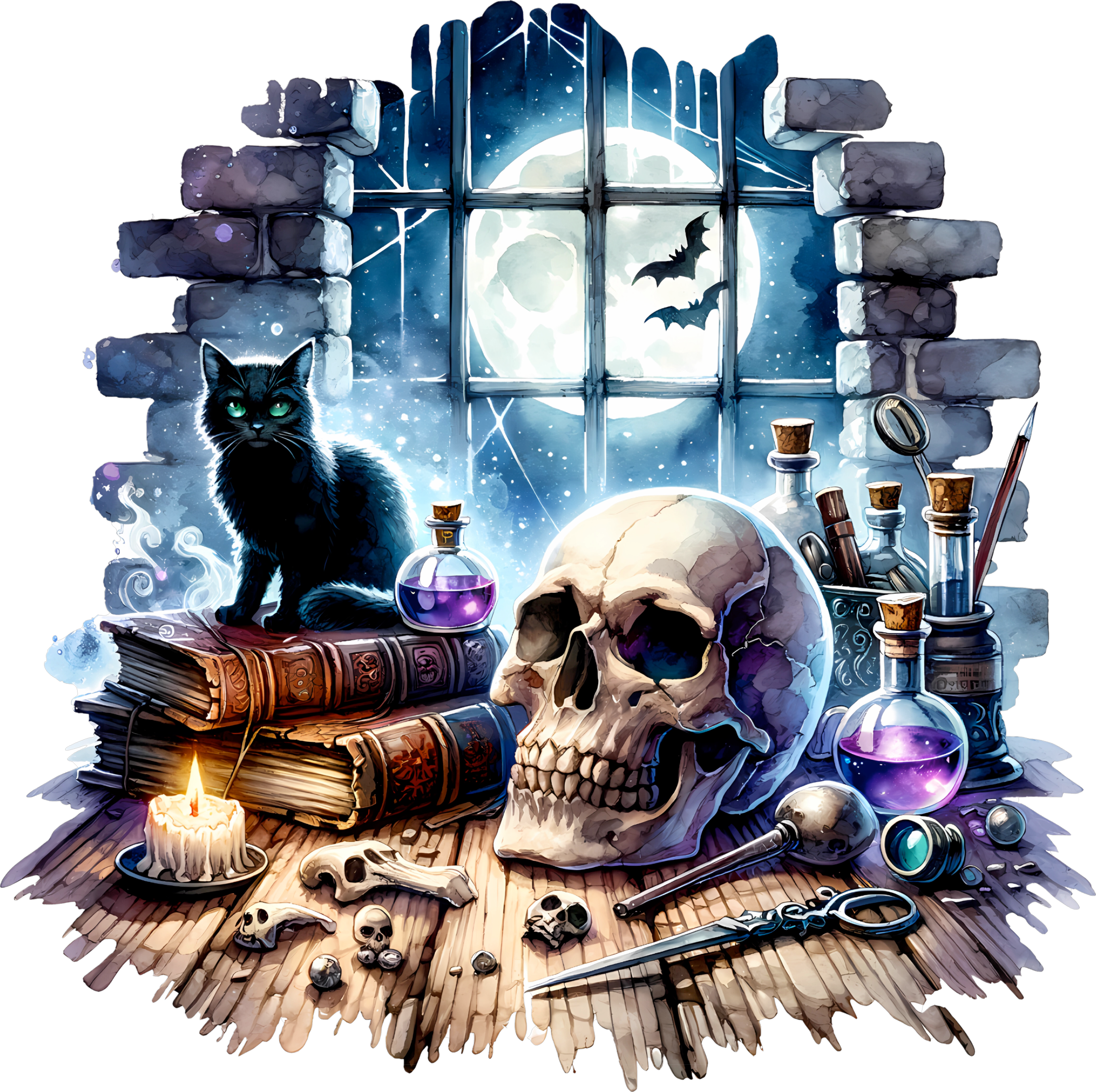 Skull & Black Cat in Window