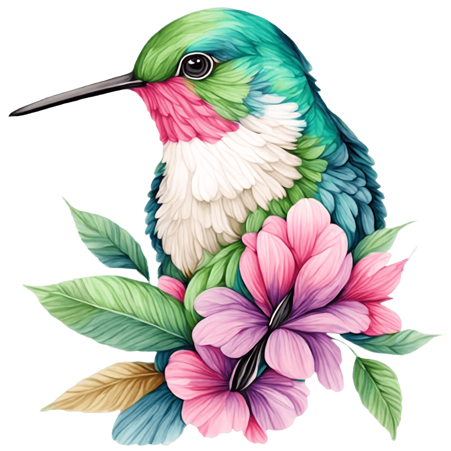 Green hummingbird w flowers