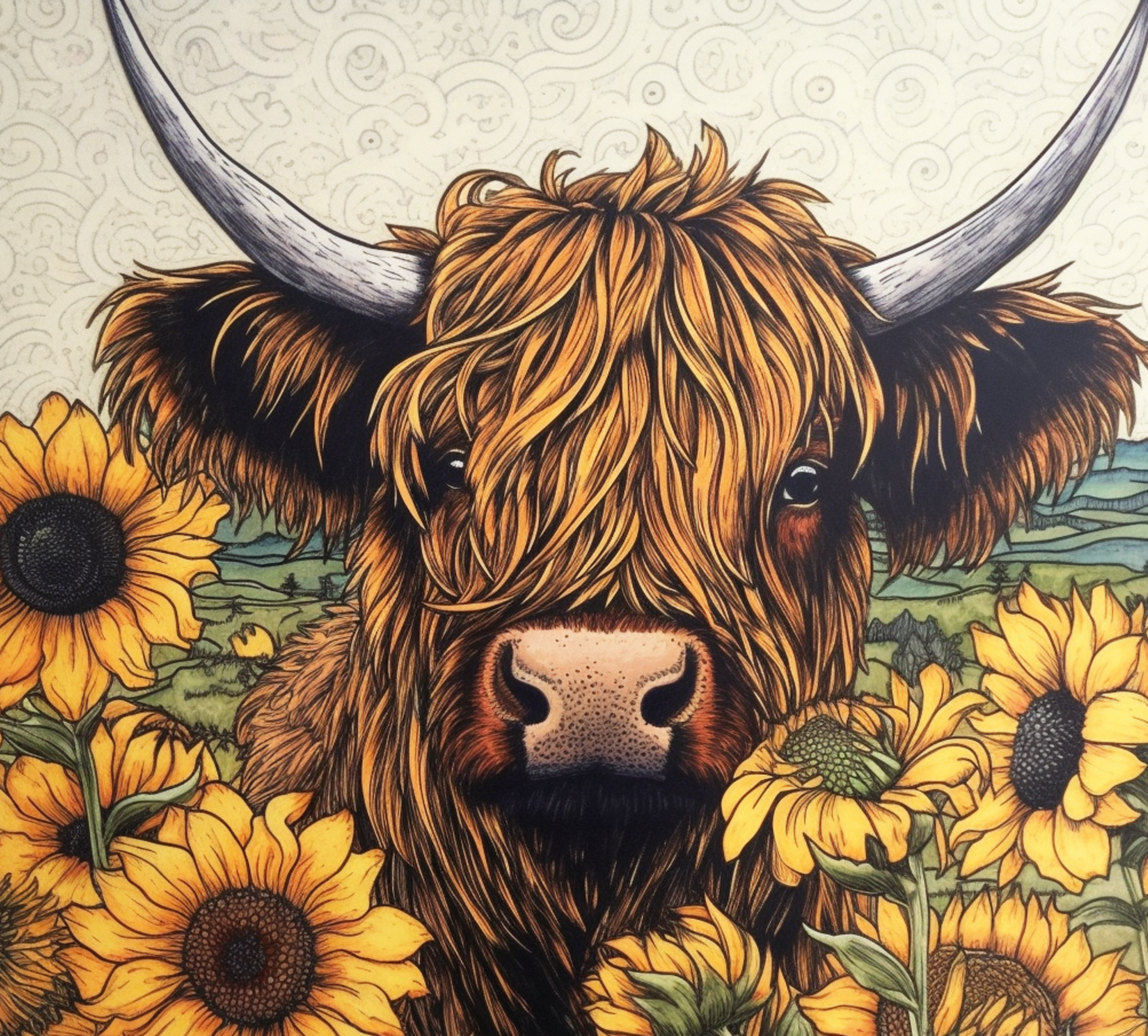 Sunflower Highland Cow