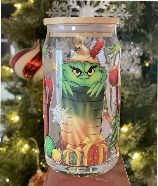 Grinch 16oz glass can tumbler