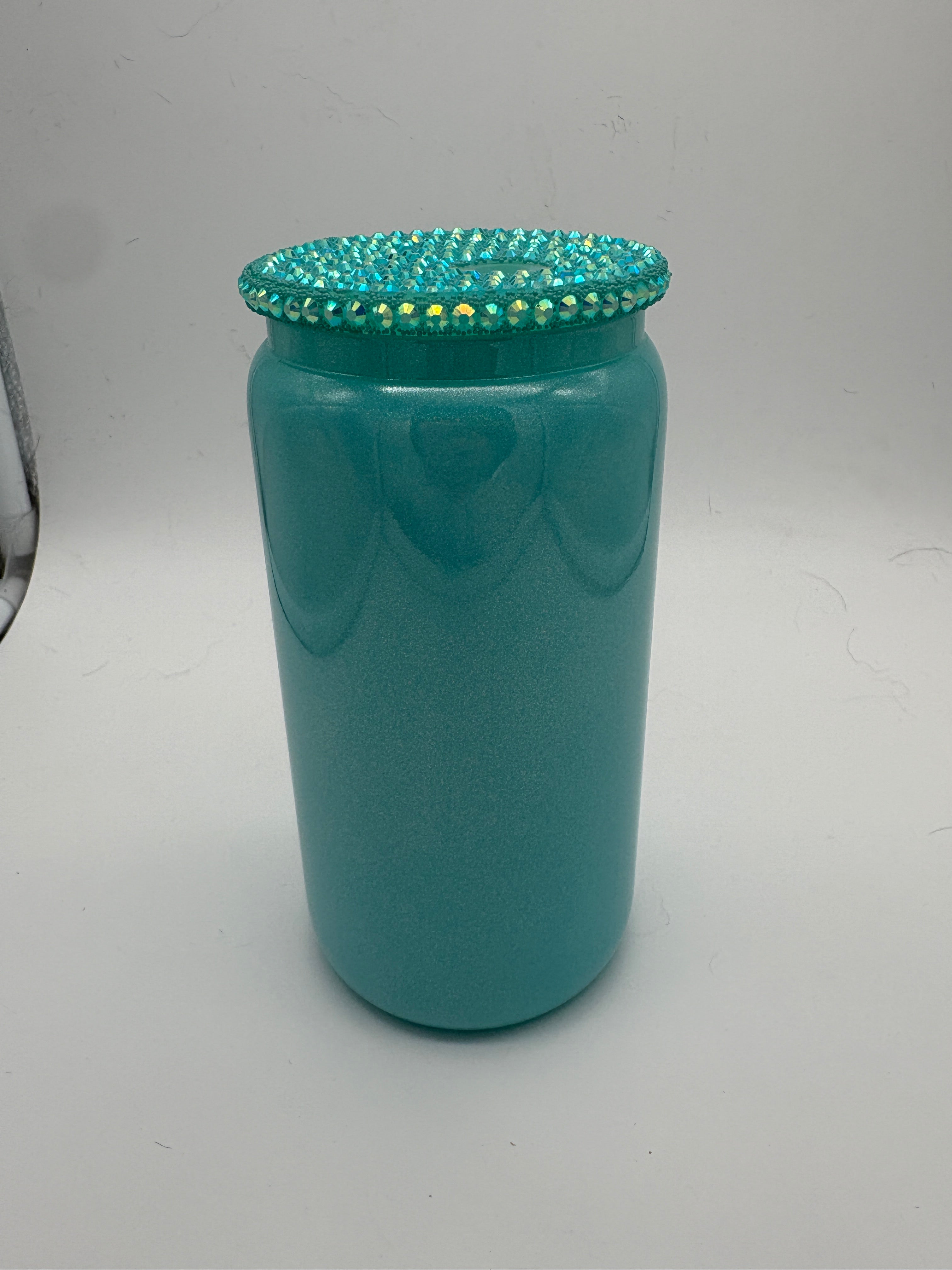 16oz Glass Can- Solid color with Rhinestone Lid