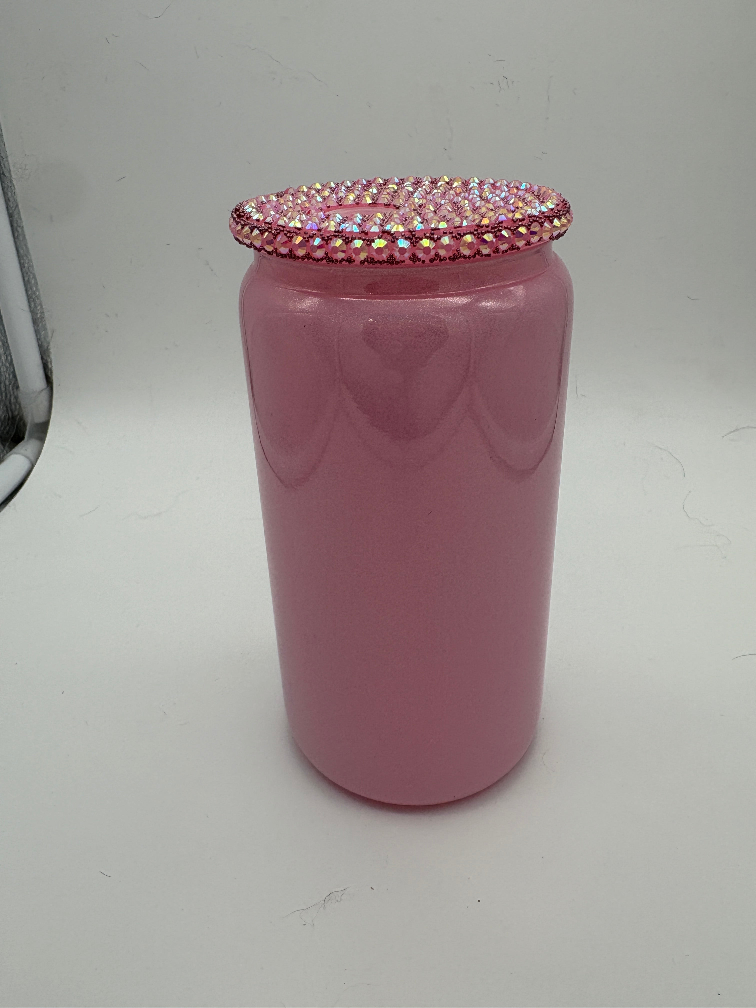 16oz Glass Can- Solid color with Rhinestone Lid