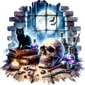 Skull & Black Cat in Window