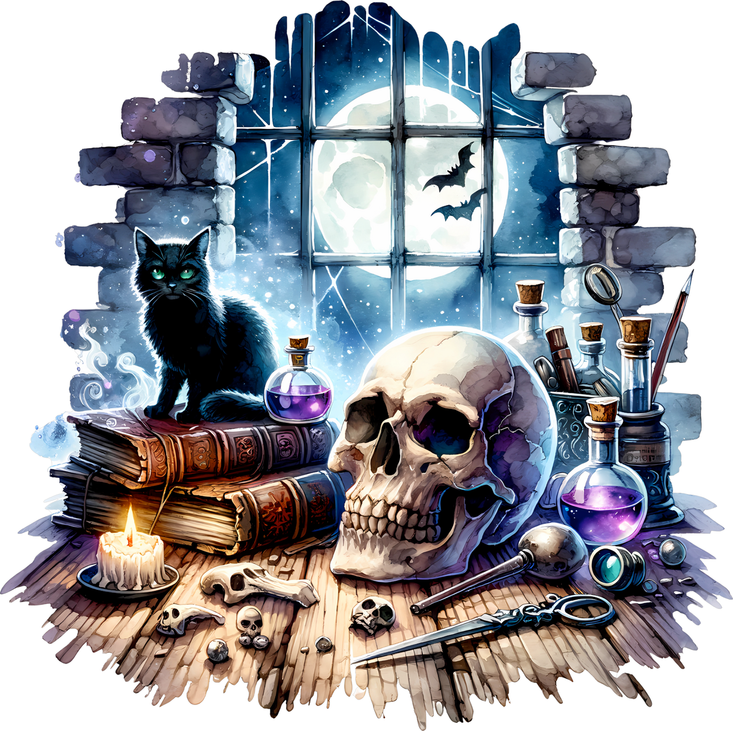 Skull & Black Cat in Window