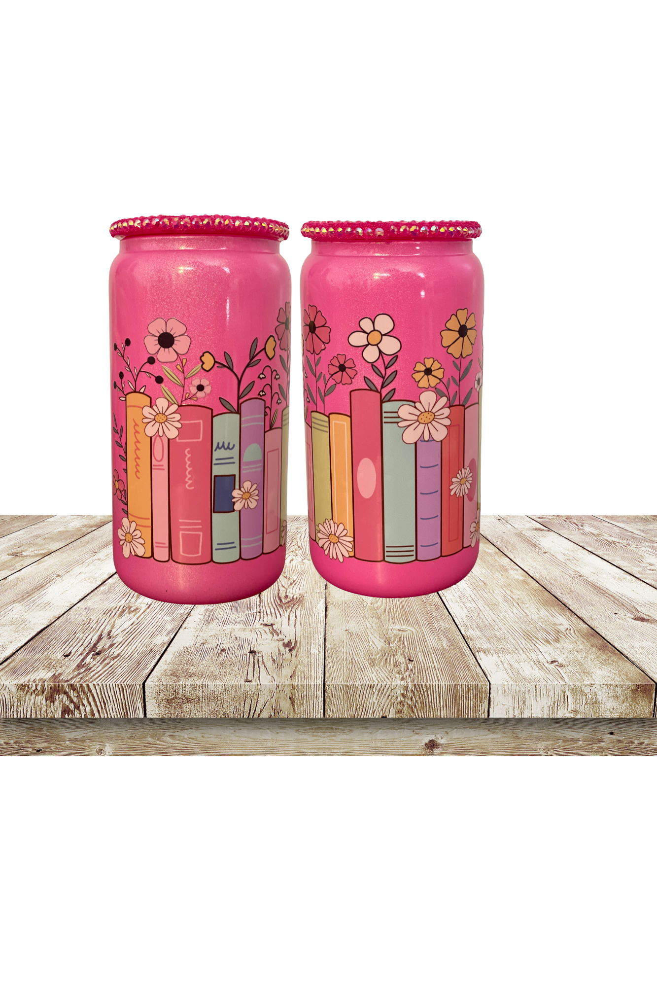 16oz Pink shimmer glass can cup with bejeweled lid